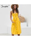 Simplee elegante botón mujeres vestido de bolsillo polka puntos amarillo algodón midi vestido de verano casual Mujer talla grand