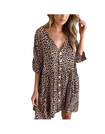 Vestido corto sexi estampado de leopardo de verano para mujer cuello en V suelto Casual vestidos Sexy fiesta playa vestido