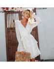 Simplee elegante plisado gasa mujeres vestido verano 2019 manga larga cuello pico volantes blanco vestidos Casual mini vestido v