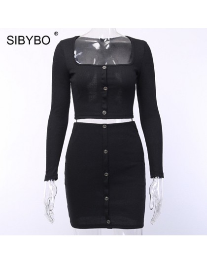 Sibybo acanalado algodón Sexy conjunto de dos piezas vestido de mujer cuello cuadrado manga larga Mini vestido Bodycon botones o