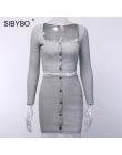 Sibybo acanalado algodón Sexy conjunto de dos piezas vestido de mujer cuello cuadrado manga larga Mini vestido Bodycon botones o