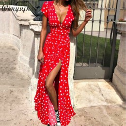 WENYUJH mujeres Polka Dot de Split vestido de verano Sexy V-cuello Boho Vestido de manga corta fajas Maxi vestidos tamaño