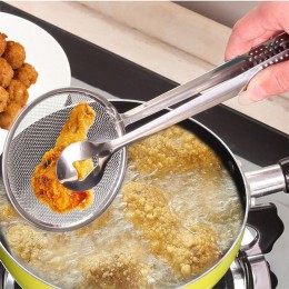 Nuevo Multi-funcional cuchara con filtro y pinza comida cocina aceite-freír filtro BBQ Acero inoxidable abrazadera colador cocin