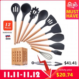 11/12 Uds set de cocina de silicona antiadherente espátula mango de madera utensilios de cocina juegos de cocina kit de herramie