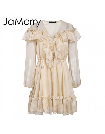 JaMerry Sexy ruffled mujeres mini vestido de fiesta elegante de manga larga malla forro Vestido corto de alta cintura vestidos d