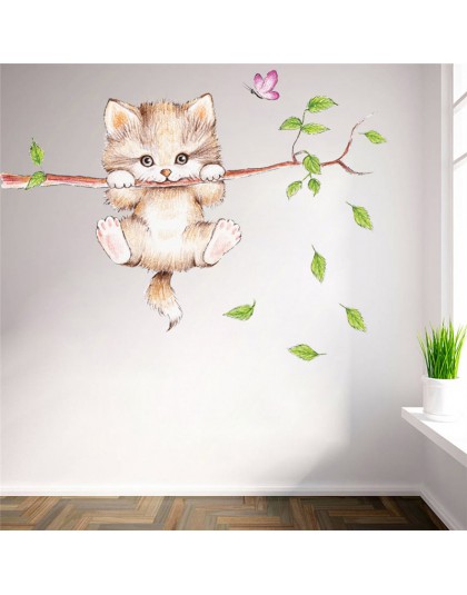 Lindo gato árbol pared pegatinas para habitaciones de niños, decoración de la casa de dibujos animados de animales de la pared c