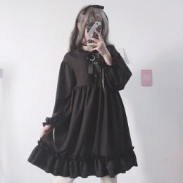 Vestido japonés Harajuku para mujer negro con volantes manga linterna Lolita estilo estudiante dulce Kawaii lindo arco chica chi