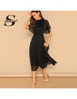 Sheinside negro elegante Flounce manga vestido de mujer 2019 verano Sexy Back Lace Up Midi vestidos señoras Sheer Mesh Flutter v