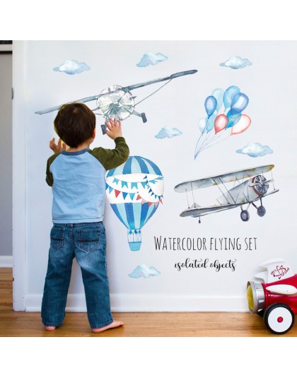Acuarela aeroplano globo de aire caliente pegatina de pared niños habitaciones de bebé decoración del hogar PVC Mural calcomanía