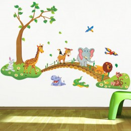 3D de Dibujos Animados de La Selva salvaje animal puente árbol elefante Jirafa león aves flores pegatinas de pared para niños sa