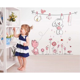 Etiqueta de la pared de la flor del conejo del gato de la historieta rosada para las muchachas del bebé decoración del hogar par