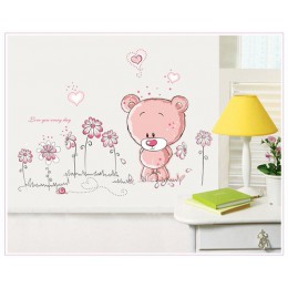 Lindo animal de dibujos animados Rosa amor oso flor bebé niños decoración de dormitorio pegatinas de pared niños etiqueta engoma