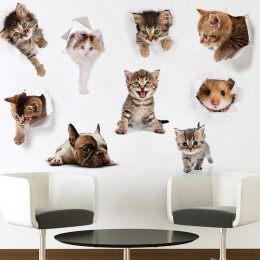 Agujero vista gato perro Animal 3D etiqueta de la pared baño Baño decoración de la habitación de los niños calcomanías de pared 