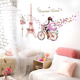 Etiqueta de la pared romántica de París para las habitaciones de los niños flor de la Torre Eiffel mariposa Hada chica montando 