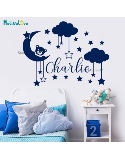 Luna nube y estrella nombre personalizado calcomanía oso tema pegatina bebé habitación decoración extraíble vinilo papel pintado