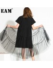 [EAM] primavera 2019 nuevo tamaño grande de gran tamaño de hilo de red empalmado negro o-cuello de manga corta malla Sexy vestid