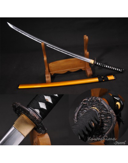 Acero de alto carbono espada japonesa auténtica Katana completa Tang navaja afilada dragón guardia oro madera funda-41 pulgadas
