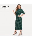 SHEIN elegante Plaid Bodycon talla grande vestidos largos lápiz mujeres 2018 Oficina señora soporte Collar rejilla estampado Sli