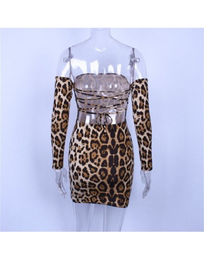 Hugcitar fuera del hombro manga larga leopardo estampado sexy bodycon mini vestido 2019 Otoño Invierno mujer ropa de fiesta