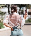Fantoye 2019 verano Mujer Blusa de gasa camisa Sexy transparente malla bordada manga Puff mujer Oficina camisas señora Blusa tra