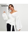 SHEIN blanco Oficina señora elegante linterna manga Surplice Peplum fuera del hombro blusa sólida otoño Sexy mujeres Tops y blus