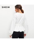 SHEIN blanco Oficina señora elegante linterna manga Surplice Peplum fuera del hombro blusa sólida otoño Sexy mujeres Tops y blus