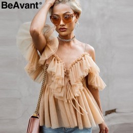 BeAvant fuera del hombro mujeres tops y blusas verano 2019 sin espalda sexy peplum top mujer Vintage ruffle malla blusa camisa b