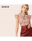 SHEIN elegante Red Bow Tie Neck Ruffle Trim pétalo estampado Top blusa mujer verano 2019 Oficina señora ropa de trabajo blusas s