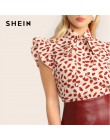 SHEIN elegante Red Bow Tie Neck Ruffle Trim pétalo estampado Top blusa mujer verano 2019 Oficina señora ropa de trabajo blusas s