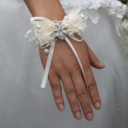 Marfil Marfim pajarita perla cuentas boda muñeca flores dama de honor de boda cinta de cristal corsajes pulsera flores SW175-Z