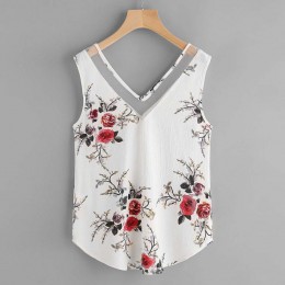 Blusa sin mangas Casual Floral de gasa de las mujeres de avestruz 2019 tops de verano de moda D10
