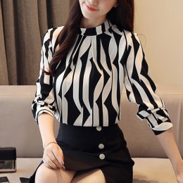 2018 nuevo llegado moda mujer blusa manga larga impreso mujeres top stand collar blusas slim fit Oficina señora blusa 0941 40