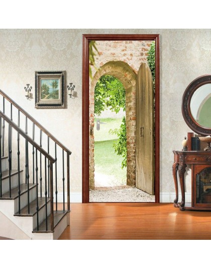 77x200cm Hoja Verde Puerta pegatina decoración del hogar hermoso paisaje adhesivo impermeable papel pintado para dormitorio saló